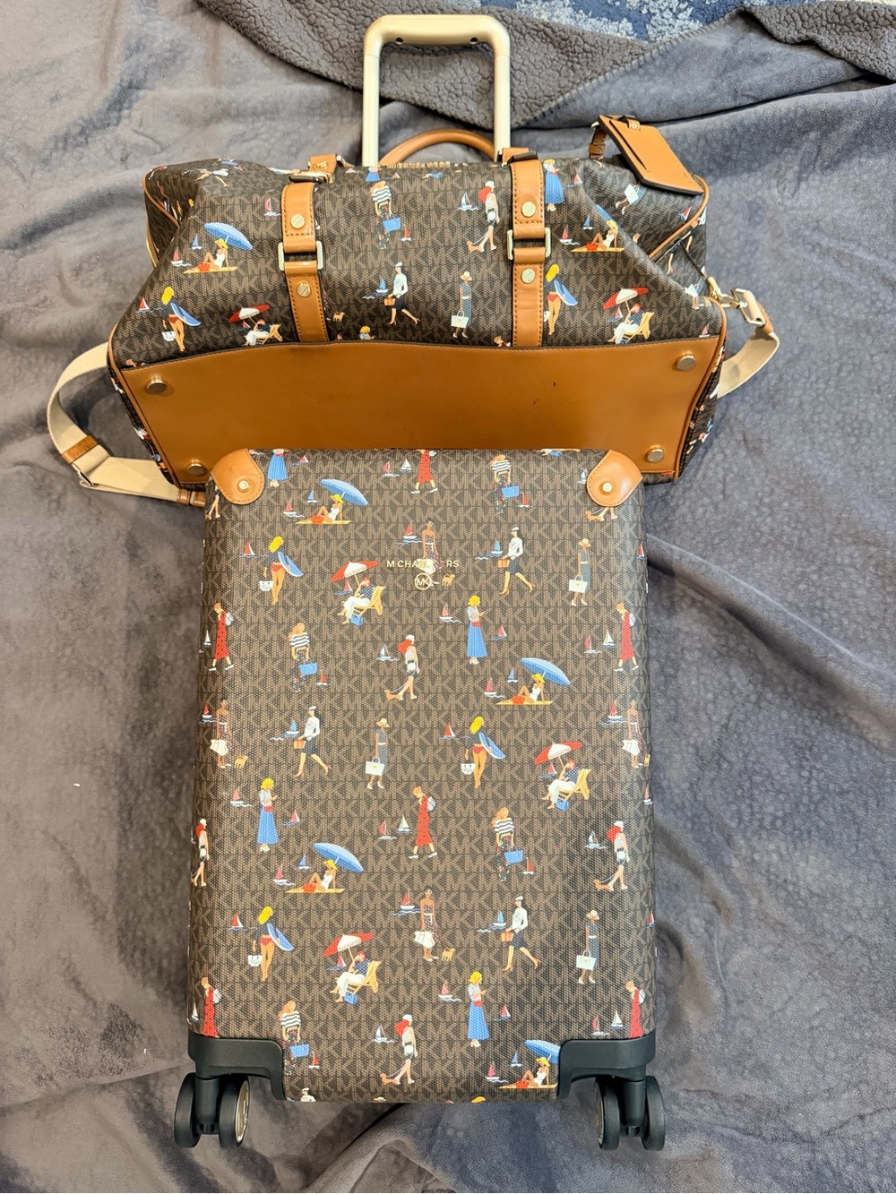 Michael Kors Brown MK Logo Rolling Suitcase with Multicolor Beach Figure Print